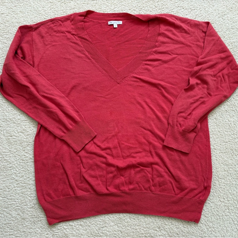 Gap red cotton cashmere blend lightweight v-neck sweater, preppy, relaxed, sz XL